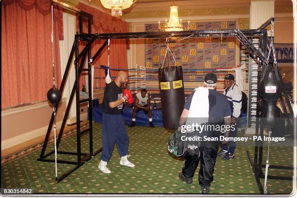 Mike Tyson's training gym in the Court Suite of the Grosvenor House hotel in London.The 15,000 temporary gymnasium includes an18ft square ring, and...