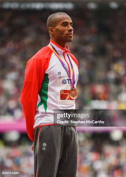 London , United Kingdom - 11 August 2017; Nelson Évora of Portugal after receiving his Men's Triple Jump bronze medal during day eight of the 16th...