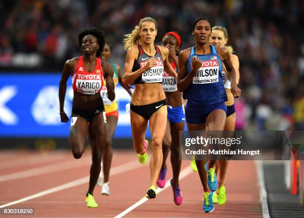 Ajee Wilson of the United States, Melissa Bishop of Canada and Noelie Yarigo of Benin compete in the Women's 800 metres semi finals during day eight...