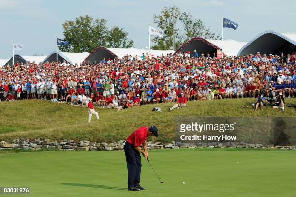 Jim Furyk of the USA team plays a shot in front of a gallery during the singles matches on the final day of the 2008 Ryder Cup at Valhalla Golf Club...
