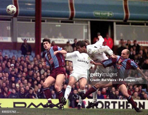 This picture can only be used within the context of an editorial feature. Leeds United Eirik Bakke scores with a header during their FA Cup 5th Round...
