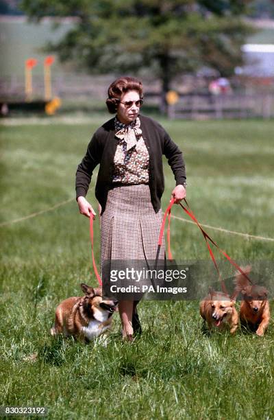 Queen Elizabeth II with some of her corgis walking the Cross Country course during the second day of the Windsor Horse Trials.