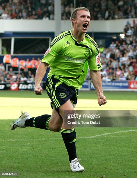 Martin Albrechtsen of Derby County celebrates scoring opening goal during the Coca Cola Championship match between Queens Park Rangers and Derby...
