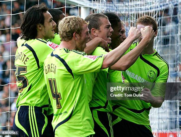 Derby County players celebrate the opening goal by Martin Albrechtsen during the Coca Cola Championship match between Queens Park Rangers and Derby...