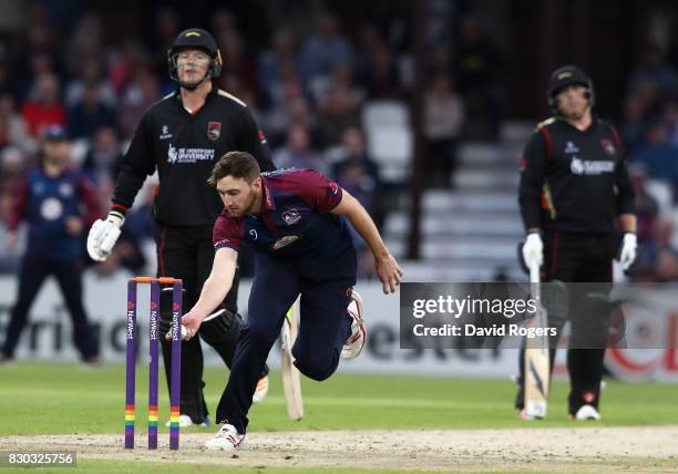 Richard Gleeson of Northamptonshire runs out Tom Wells during the NatWest T20 Blast match between the Northamptonshire Steelbacks and Leicestershire...