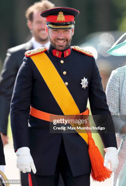Prince Guillaume, Hereditary Grand Duke of Luxembourg attends the Sovereign's Parade at the Royal Military Academy Sandhurst on August 11, 2017 in...