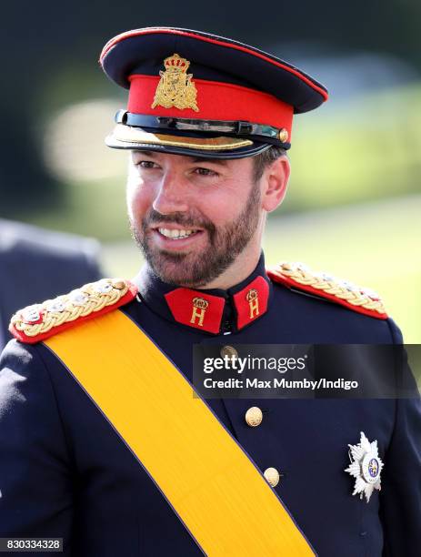 Prince Guillaume, Hereditary Grand Duke of Luxembourg attends the Sovereign's Parade at the Royal Military Academy Sandhurst on August 11, 2017 in...