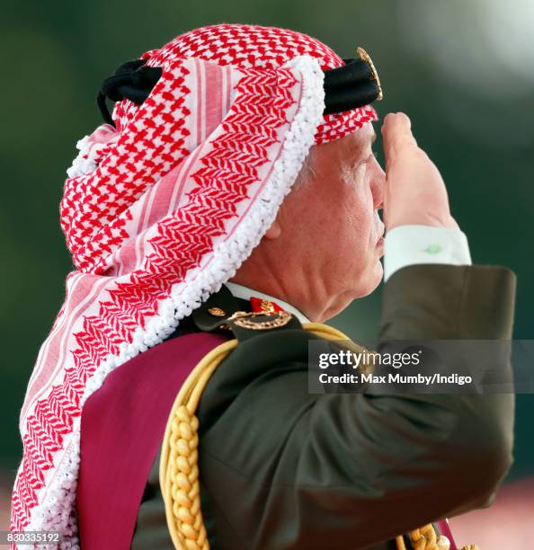 King Abdullah II of Jordan represents Queen Elizabeth II as he attends the Sovereign's Parade at the Royal Military Academy Sandhurst on August 11,...