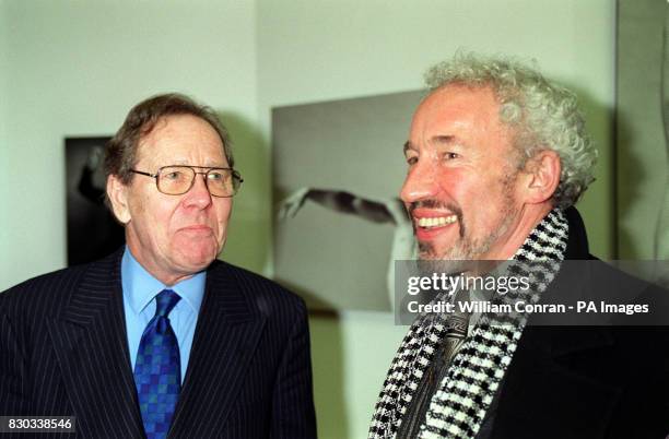 Lord Snowdon with actor Simon Callow at the 'Photographs By Snowdon, A Retrospective" exhibition of the work of Lord Snowdon at the National Portrait...