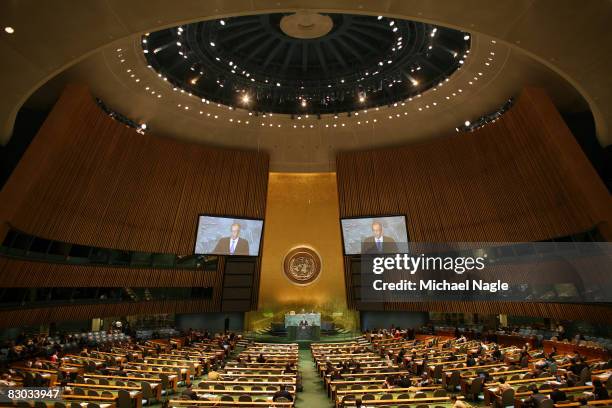 Russia's Minister of Foreign Affairs Sergey V. Lavrov speaks during the 63rd annual United Nations General Assembly meeting September 27, 2008 at UN...