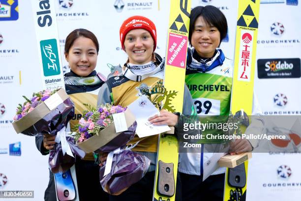 Katharina Althaus of Germany takes 1st place, Sara Takanashi of Japan takes 2nd place, Ito Yuki of Japan takes 3rd place during the Women's HS 96 at...