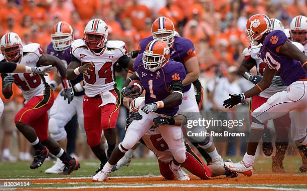 James Davis of the Clemson Tigers is brought down by Anthony Wiseman of the Maryland Terrapins at Memorial Stadium on September 27, 2008 in Clemson,...