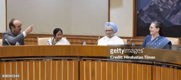Congress party leaders Ghulam Nabi Azad, Sonia Gandhi,former Prime Minister Manmohan Singh and Chief Minister of West Bengal Mamata Banerjee during...