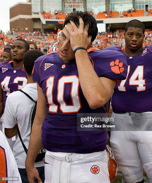 Cullen Harper of the Clemson Tigers reacts after the Tigers loss to the Maryland Terrapins at Memorial Stadium on September 27, 2008 in Clemson,...