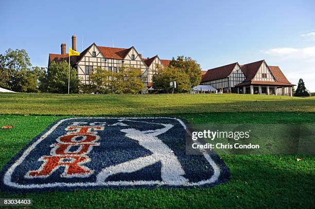 The PGA TOUR logo is displayed near the clubhouse during the third round of THE TOUR Championship presented by Coca-Cola, at East Lake Golf Club on...