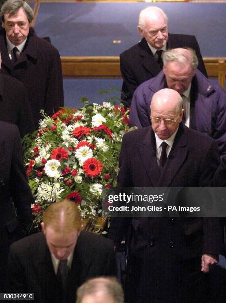 Escorting Sir Stanley Matthews' coffin from St Peter's church in Stoke, former football stars Sir Bobby Charlton , Nat Lofthouse , Sir Tom Finney and...