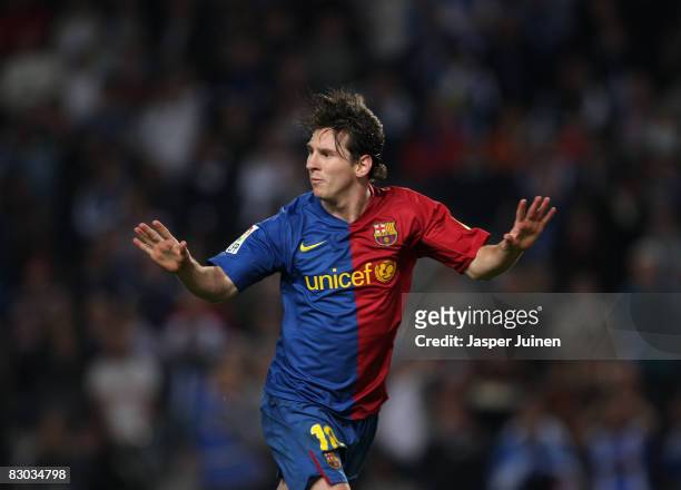 Lionel Messi of Barcelona celebrates scoring the winning goal from a penatly during the La Liga match between Espanyol and Barcelona at the Montjuic...