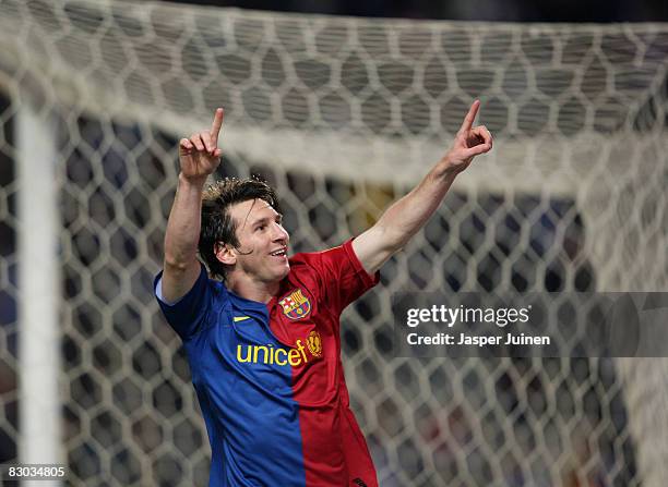Lionel Messi of Barcelona celebrates scoring the winning goal from a penatly during the La Liga match between Espanyol and Barcelona at the Montjuic...