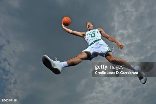 Jayson Tatum of the Boston Celtics poses for a portrait during the 2017 NBA rookie photo shoot on August 11, 2017 at the Madison Square Garden...