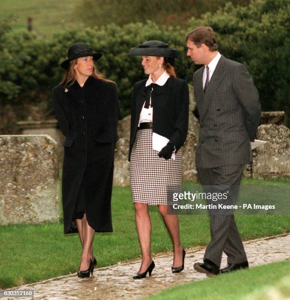 THE DUCHESS OF YORK, HER HUSBAND THE DUKE OF YORK AND HER MOTHER SUSAN BARRANTES LEAVING ST. ANDREW'S CHURCH, CHEDWORTH, AFTER THE MEMORIAL SERVICE...