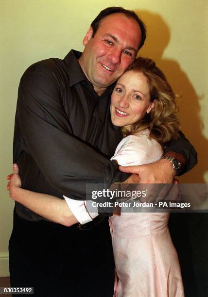 James Gandolfini and Edie Falco of the hit Channel 4 show The Sopranos, at the Apollo Theatre, London. Falco, a Golden Globe award winner for her...
