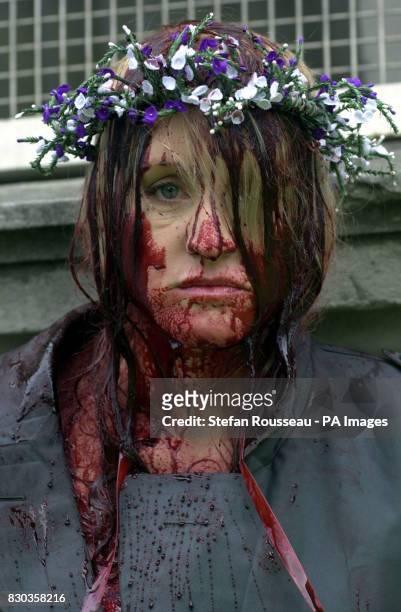Birgit Cunningham covered in fake blood, after handcuffing herself to the gates of Downing Street, in protest at the decline of agriculture. Prime...