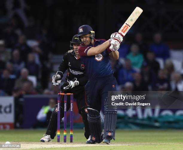 Adam Rossington of Northamptshire hits a boundary during the NatWest T20 Blast match between the Northamptonshire Steelbacks and Leicestershire Foxes...