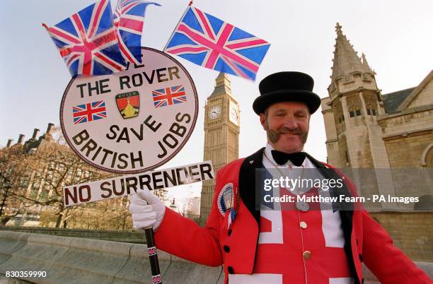 Former policeman Ray Egay from Harborne, Birmingham, dressed as John Bull, outside the Houses of Parliament in London, to protest about the possible...