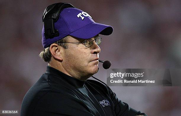 Head coach Gary Patterson of the TCU Horned Frogs during play against the Oklahoma Sooners at Oklahoma Memorial Stadium on September 27, 2008 in...