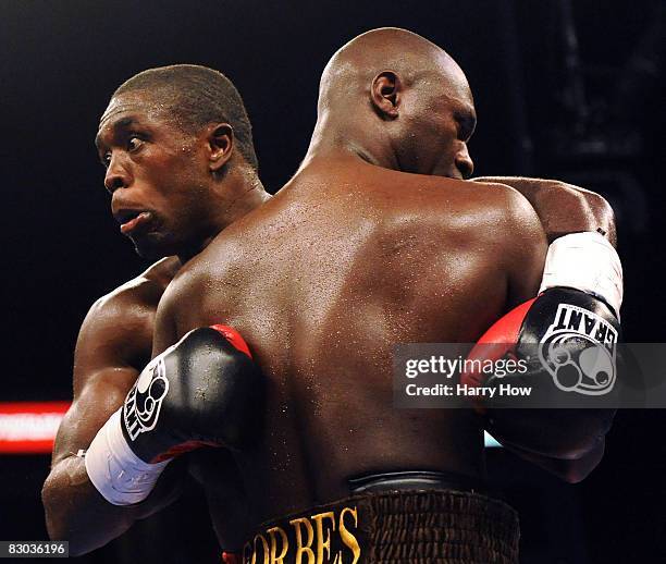 Andre Berto clinches Steve Forbes during the eighth round of their WBC welterweight title bout at the Home Depot Center on September 27, 2008 in...