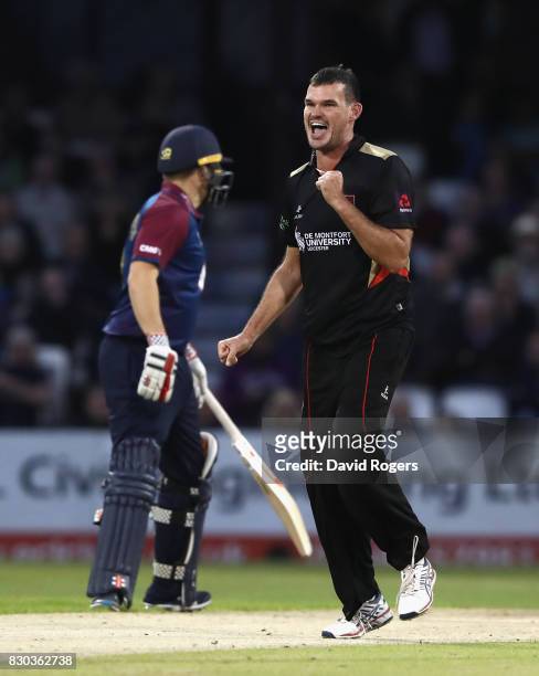 Clint McKay of Leicestershire celebrates after trapping Ben Duckett LBW during the NatWest T20 Blast match between the Northamptonshire Steelbacks...