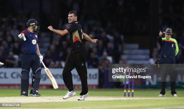 Clint McKay of Leicestershire celebrates after trapping Ben Duckett LBW during the NatWest T20 Blast match between the Northamptonshire Steelbacks...