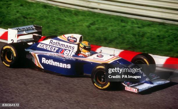 Brazilian Formula One grand prix driver Ayrton Senna test drives the new Rothmans Williams Renault racing car at Estoril, in Portugal. : Senna dies...