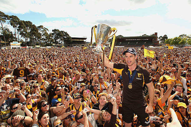 Shane Crawford of the Hawks holds up the 2008 AFL Premiership Cup during the Hawthorn Hawks AFL Grand Final reception at Ausdoc Oval on September 28,...