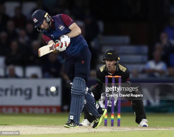 Alex Wakely of Northamptonshire plays the ball during the NatWest T20 Blast match between the Northamptonshire Steelbacks and Leicestershire Foxes at...