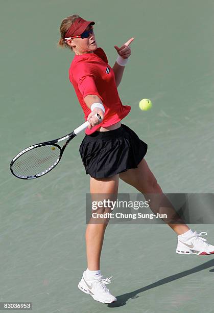 Samantha Stosur of Australia plays a shot against Maria Kirilenko of Russia during day nine of the 2008 Hansol Korea Open at Seoul Olympic Park...