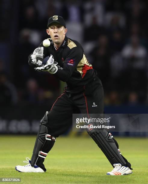 Luke Ronchi of Leicesteshire catches the ball during the NatWest T20 Blast match between the Northamptonshire Steelbacks and Leicestershire Foxes at...
