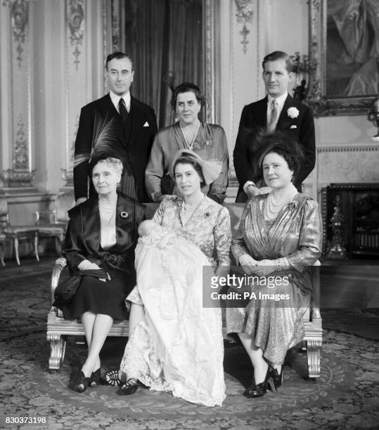 The christening of Princess Anne, daughter of Princess Elizabeth and the Duke of Edinburgh, with her godparents, back row, left to right; Earl...