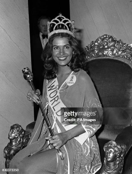 Year old Cindy Breakspeare, Miss Jamaica, is enthroned at the Royal Albert Hall in London, after winning the 1976 Miss World beauty contest.