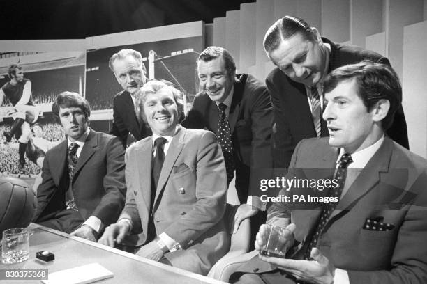 Photo 27/4/1970 From left: Geoff Hurst, Bobby Moore, Alan Mullery, Tom Finney, Johnny Haynes, Stan Mortensen during recording for the BBC 1 quiz show...