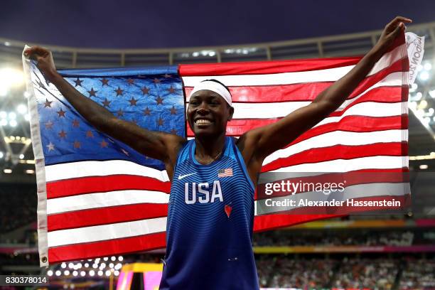 Brittney Reese of the United States celebrates after winning gold in the women's long jump final during day eight of the 16th IAAF World Athletics...