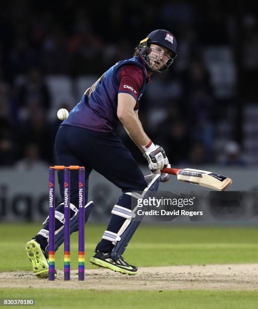 Alex Wakely of Northamptonshire plays the ball during the NatWest T20 Blast match between the Northamptonshire Steelbacks and Leicestershire Foxes at...