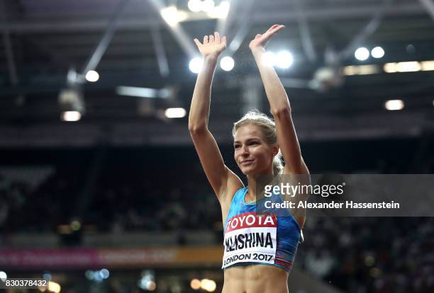 Darya Klishina of the Authorised Neutral Athletes, silver, celebrates after women's long jump during day eight of the 16th IAAF World Athletics...