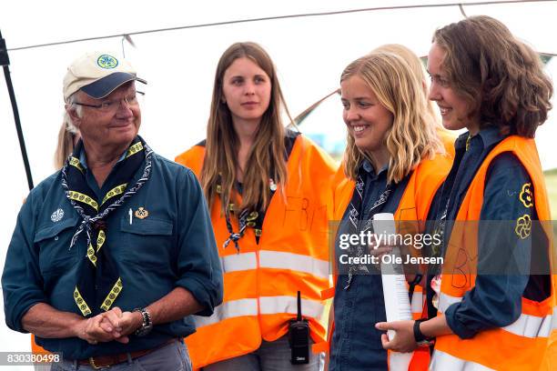 Swedish King Carl Gustav talks to scouts during his visit to the scouts jamboree on August 11, 2017 in Kristianstad, Sweden. The King took a long...