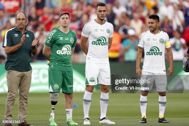 Goalkeeper Jackson Follmann of Associacao Chapecoense de Futebol, Neto of Associacao Chapecoense de Futebol, Alan Ruschel of Associacao Chapecoense...