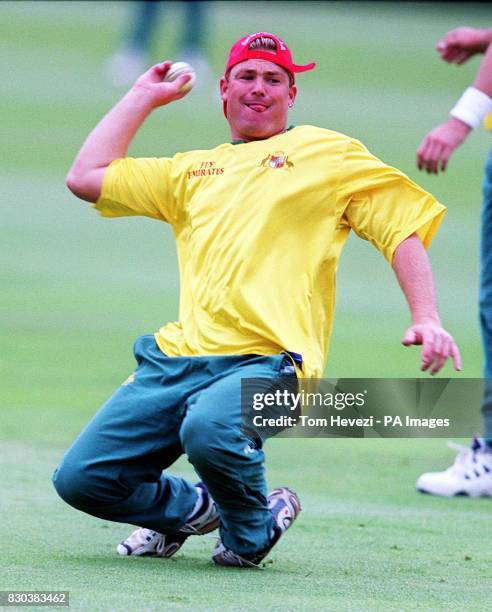 Shane Warne during fielding practice at Lords Cricket Ground, London, on the day before the Cricket World Cup 1999 final between Pakistan and...