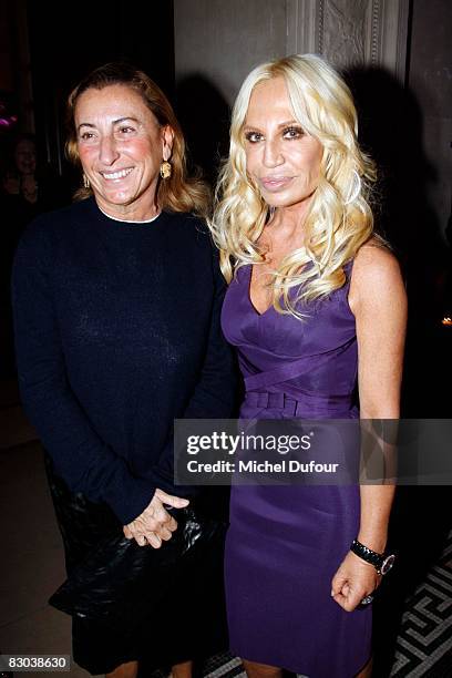 Mucia Prada and Donatella Versace attend a party to celebrate Suzy Menkes Twenty Year Partnership with The Herald Tribune at the Musee Galliera on...