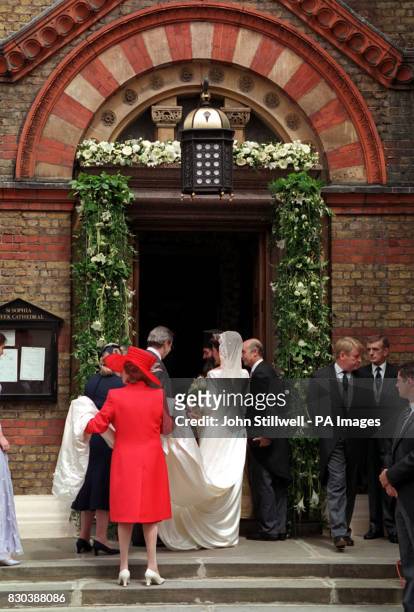 Princess Alexia of Greece and her father King Constantine, the former King of Greece, arrive at the Greek Orthodox Cathedral of St. Sophia in...