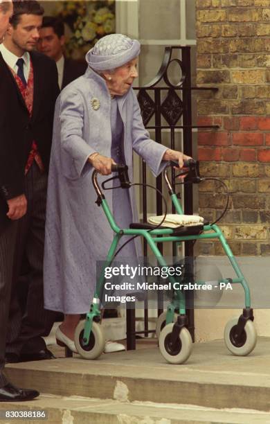 Queen Ingrid of Denmark arrives at the Greek Orthodox Cathedral of St. Sophia in Bayswater, west London, for the wedding of Princess Alexia of Greece...