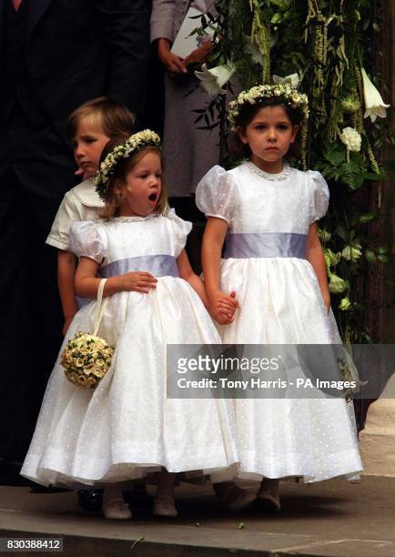 Two of the bridesmaids HRH Princess Maria Olympia aged 3 and HRH Princess Mafalda at the wedding of Princess Alexia of Greece to Carlos Morales...